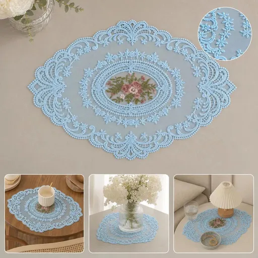 Oversize Lavender Mesh Embroidered Pad 32x43cm, Gentle Pastel Vintage Desktop Decor