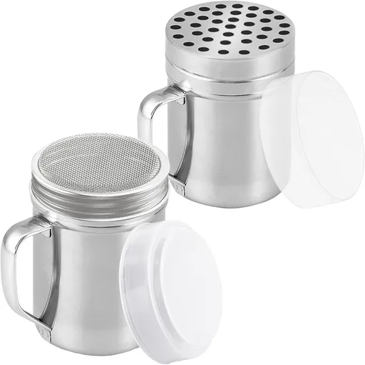 6 oz Powdered Sugar Shaker Duster + 6 oz Metal Parmesan Cheese Shaker (Large Holes) - All with Plastic Caps and Handles Bundle