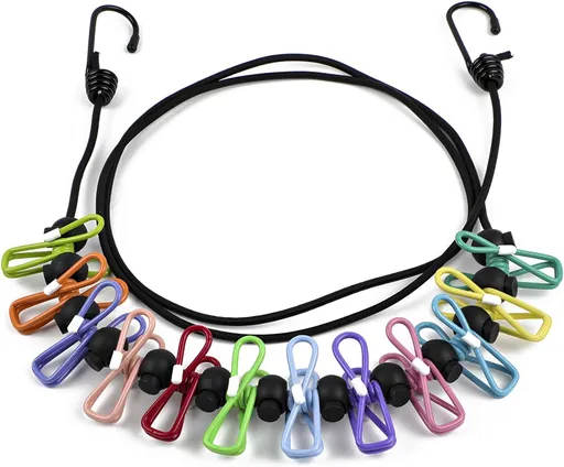 Travel Clothesline, Portable Clothes Line Outdoor with 12 Clips Elastic Clothesline for Indoor Outdoor Balcony Travel Camping Accessories(Multicolour)