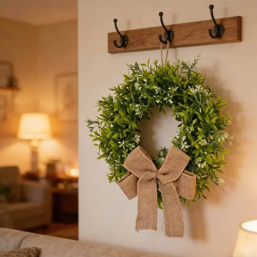 Green Artificial Boxwood Wreath with White Flowers & Jute Bow | Spring Summer Year Round Front Door Decor | 30Cm Entryway Wreath