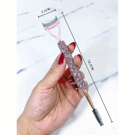 Dual-Ended Rhinestone Eyelash Comb and Spiral Brow Brush for Daily Makeup, Lash Grooming, Eyebrow Shaping, Portable Beauty Tool for Beginners and Professionals (Pink)