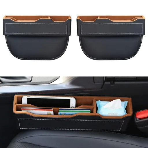 2PC Black Obsidian Car Seat Gap Filler for Car SUV Pickup Truck | Premium Leather Wrapped Wood Organizer with Flocked Finish Anti-Drop Console Side Storage Interior Accessories