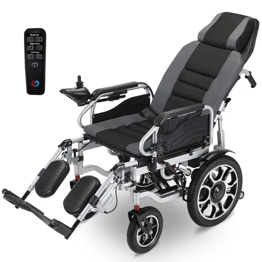 EQUIPMED Electric Wheelchair, Power Recline, Long Range, Lithium Battery, 16" Rear Wheels, Headrest, Folding, Grey/Black