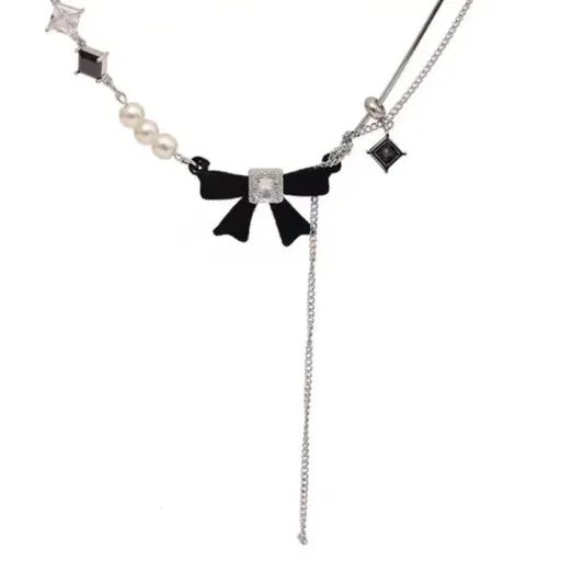 Pearl Necklace Bow Necklace for Women Trendy Pearl Bow Choker Necklace Pearl Beaded Becklace Sparkly Rhinestone Bow