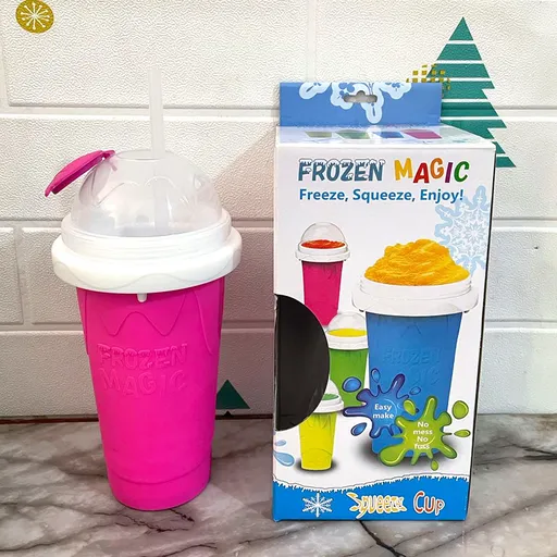 Pink Instant DIY Slushie Squeeze Maker Cup - Food-Grade Silicone Double-Layer Cooling Smoothie Cup with 2-in-1 Straw & Spoon