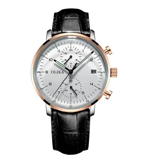 men's watch, ultra-thin watch, leather strap watch, luminous watch, waterproof watch, date calendar watch, curved glass watch, casual sports watch, OLIKA watch, men's fashion watch - Black leather belt with rose - gold and white face - Size Man