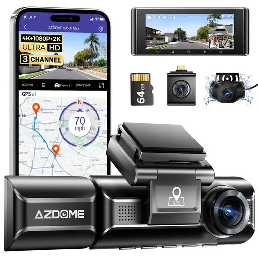 3 Channel Dash Cam Black WiFi GPS 4K 1080P 2.5K with 64GB Card Parking Mode