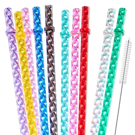 8 Pcs Swirl Straws for Tumbler, 11in Reusable Plastic Shiny Crystal Tumbler Replacement Drinking Straws With Cleaning Brush, Multicoor