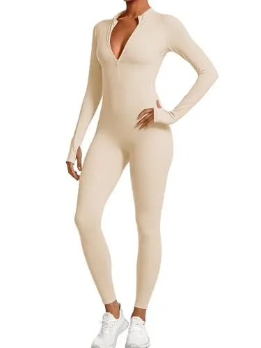 Long Sleeve Zip-Up Jumpsuit for Yoga, Fitness, Everyday Wear and Stylish Occasions, L (beige)