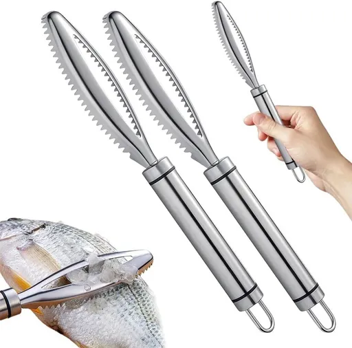 2 Piece Fish Scales Scraping Tool, stainless steel fish descaler and remover with sawtooth edge for home kitchen cleaning
