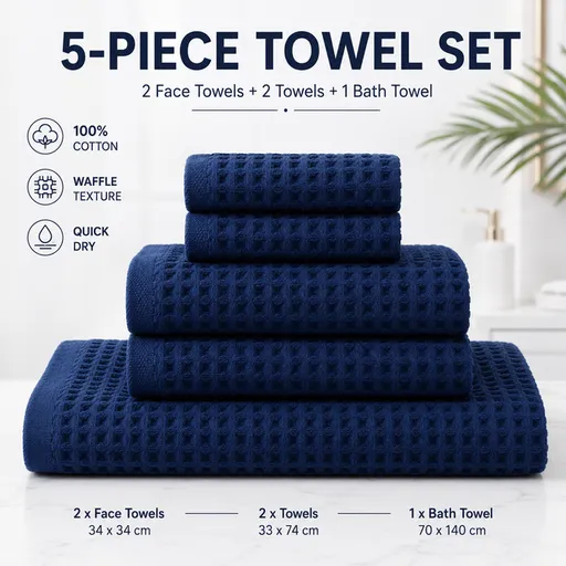5 Piece Dark Blue Waffle Weave 100% Cotton Towel Set - Quick Dry Absorbent Bath Towel, 2 x Towels and 2 x Face Towels with Hanging Hook for Home and Guest Use