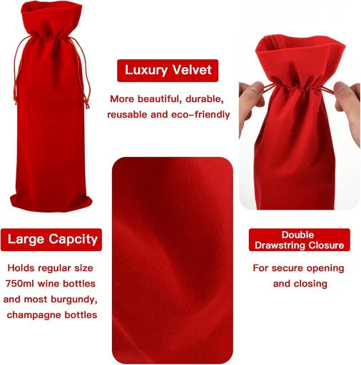 Homakover Luxury Velvet Wine Bag Wine Gift Bags, 6 Pcs Wine Bottle Bags with Double Drawstring Closure, 14.5"x 5.9" Reusable Bottle Bag For Christmas Wedding Birthday Party Holiday Housewarming