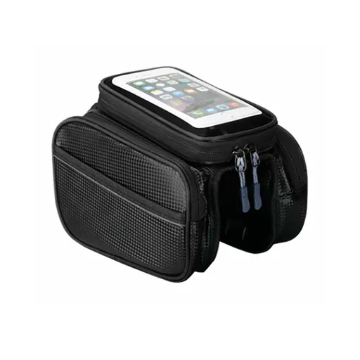 Waterproof Bicycle Top Tube Bag with Touchscreen Phone Holder, Double Storage Pouch for MTB, Road Bike and E-Bike, Black