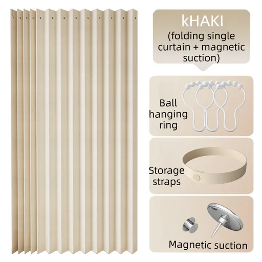 100 X 180 CM Khaki Linen-Look Dust Drill-Free Pull-Curtain - Folding Doorless Closet Divider with Magnetic Closure & Hanging Rings