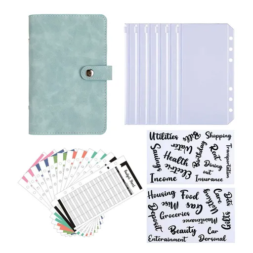A6 binder diary, used for office, school, travel, business planning, including 12 budget cards, 8 PVC zipper bags, and 2 English stickers (cyan)