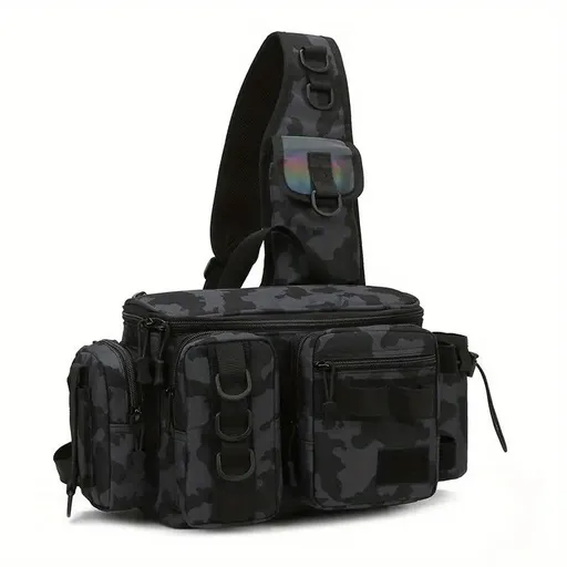 Camouflage Fishing Waist Bag – Large Capacity Multi-layer Partition, Side Pockets & Winding Strap for Full Loading, Breathable Shoulder Strap for Long-lasting Comfort(Black camouflage)