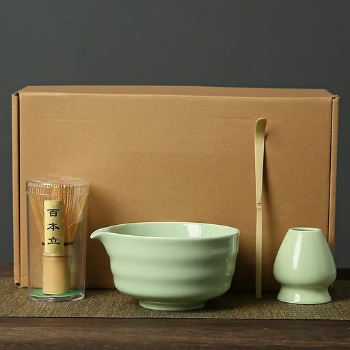 Green Complete Matcha Tea Ceremony Set - 4-Piece Japanese Traditional Whisk, Bowl, Whisk Holder & Scoop for Authentic Preparation at Home