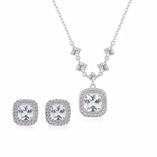 Square Halo Pendant Necklace and Stud Earrings Jewellery Set - 2 Piece Silver-Tone Crystal Look Gift Set