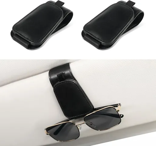 2 Pack Sunglass Holder for Car Visor Sunglasses Clip, Universal Non-Slip Magnetic Leather Glasses Eyeglasses Hanger Mounter, Truck Interior Accessories Woman Man, Black 2PCS