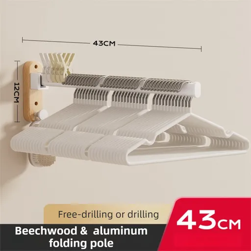 43CM Moisture Aluminum Folding Towel Rack Integrated Bottom Hook - 90° Folding White Beechwood Grain Wall-Mounted Drying Rod and Organize