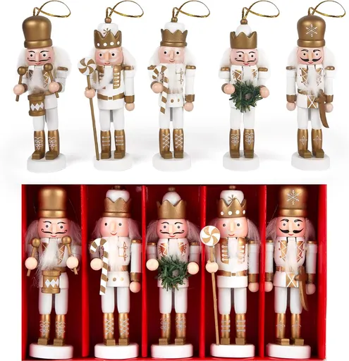 5PCS Nutcracker Christmas Decor, Wooden Nutcracker Hanging Ornaments Soldier for Christmas Tree Gift Shelves Table Decoration (5inch)