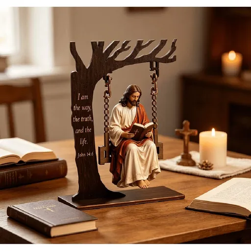 Scripture Engraved Wooden Tree Stand Jesus Swing Decor, Hand Painted Resin Christ Reading Bible Statue, Faith Based Desk & Mantel Religious Ornament