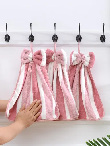 3pcs Pack Coral Fleece Creative Striped Bow Soft Absorbent Hand Towels With Hanging Loop Dish Cloths Kitchen Towel
