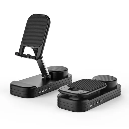 Foldable Desktop Phone Stand with Bluetooth 5.3 Speaker - Adjustable Angle & Height, TF/Line-In(black)