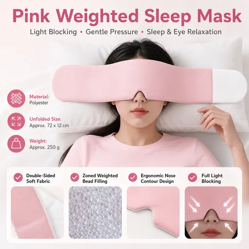 Pink Weighted Sleep Mask - Double-Sided Cooling and Warm Fabric, Micro-Bead Pressure Design, 72cm Adjustable Wrap, Light Blocking Eye Cover for Travel and Home Use