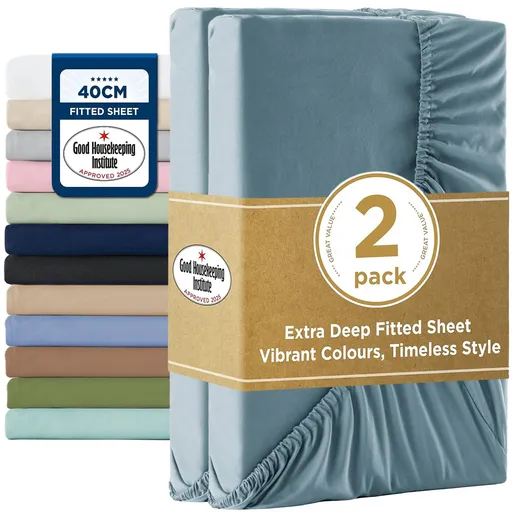 2000TC Hotel Quality Fitted Sheets - 2 Piece Fitted Sheets -Breathable Bedding - Wrinkle, Fade, Stain Resistant- 16inch/40cm Deep Pocket Fitted Bed Sheets-Wrinkle and Fade Resistant,(Ocean,Double)