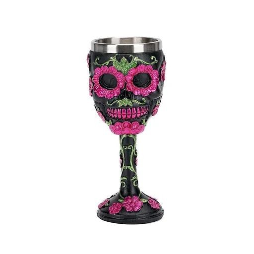 Resin Skull & Rose Embossed Goblet, Artistic Sculpted Cocktail Cup, Festive Bar Decor for Christmas & Halloween Holiday Occasion