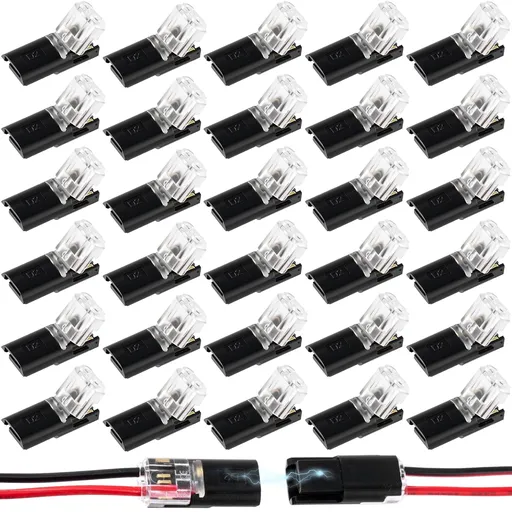 60pcs Quick Clip Double Wire Connector, Low-Voltage Plug-in Wire Connectors with Locking Buckle, 2 Pin Quick Clip Fasteners Snap on Blocks for 18-22AWG Cable DIY Crafts LED Strips- Black