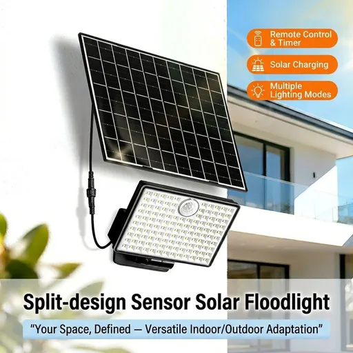 Split-Type Solar Powered Motion Sensor Floodlight with Detachable Panel, Dual Mounting Brackets, IP65 Waterproof, 6500K Cool White or 3000K Warm White Options, Ideal for Driveways, Patios, Entryways, and Emergency Indoor Use (2PCS, 3000K Warm White)