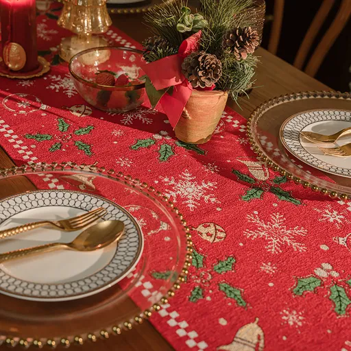 Red Christmas Table Runner with Tassels - Festive Snowflake & Bell Print (35*180cm)