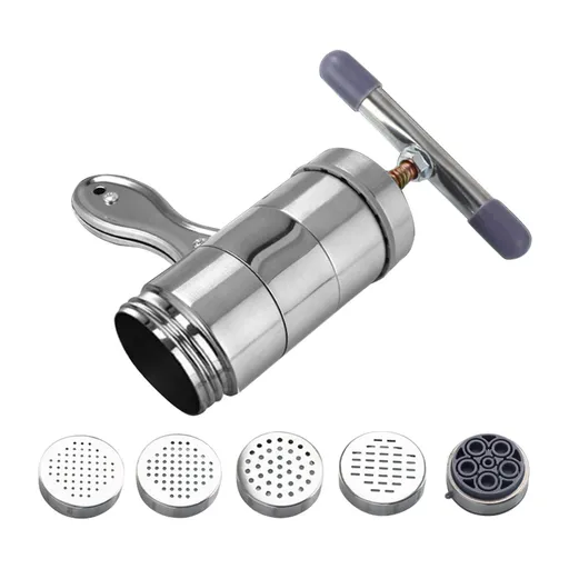 Manual Press Pasta Machine Stainless Steel Hand Wringing Noodles Making Machine with 5 Noodle Mould