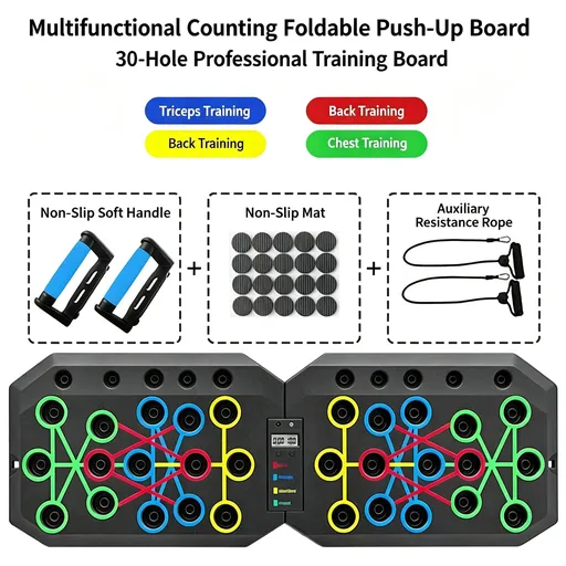 30 Holes Push‑Up Board, Portable Foldable Fitness Equipment for Home Indoor Outdoor, Body Shaping for Men Women, 30 Holes Timing Counting Rubber Coated Handles With Resistance Bands, Christmas Sports Accessory Gift