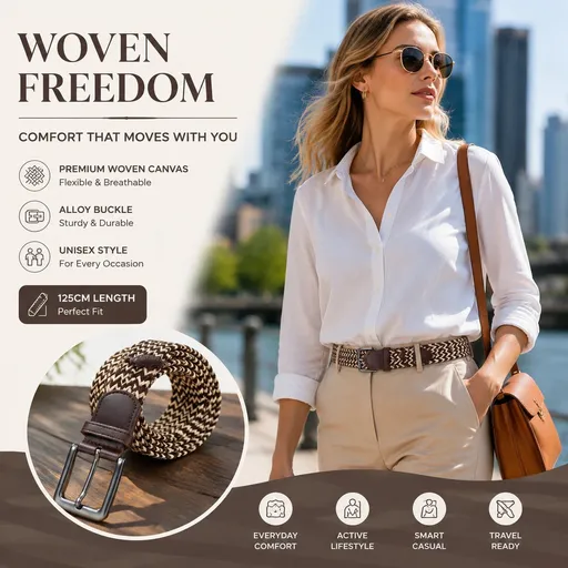 Coffee Khaki Color Block Canvas Belt 125cm Elastic Stretch Unisex Golf Strap