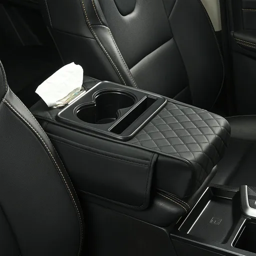 Car Centre Console Armrest Organizer with Tissue Holder and Side Pockets, Protective PU Leather Storage Tray, Black, 35 x 20 x 8 cm