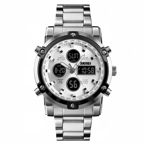 Men's Dual Display Analog Digital Watch, Silver Stainless Steel 30M Waterproof Sports Watch