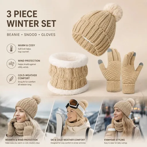 Warm Holiday Ski Essential Plush Lined Knitted Hat 3 Set Beige, Versatile Matching Wear For Ski Adventures