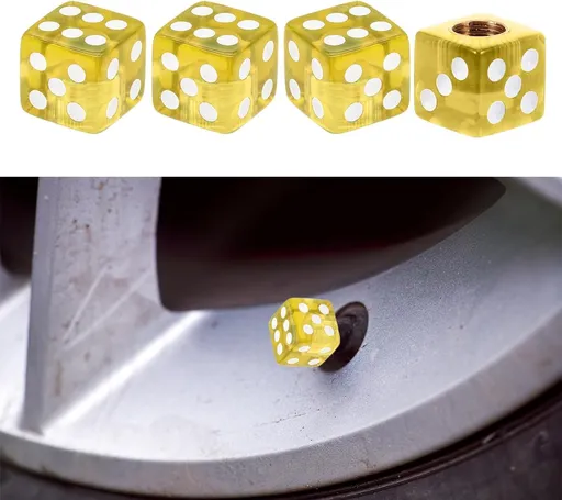 4PCS Acrylic Dice Style Tire Valve Stem Cap, Car Air Caps Tire Valve Stem Covers with Rubber Ring, Auto Wheel Valve Dust Proof Cover Universal for Cars, Bikes, Trucks, SUVs, Motorcycles (Yellow)