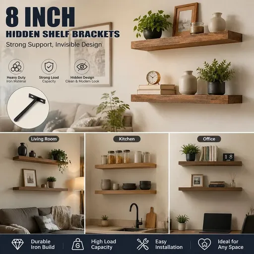 8" Black Hidden T Shelf Bracket 2Pcs w/ 5x60&5x80 Screws