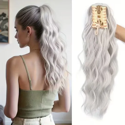 Water wave curly hair clip-in ponytail wig, made of high-heat-resistant synthetic material. Perfect for daily wear to add volume, ideal for holiday celebrations and Halloween parties.（Milk ash）