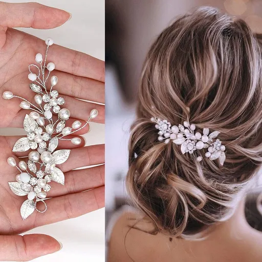 Hair accessories with leaf for weddings - Hair accessories with flowers for weddings - Headband with pearls - Hair accessories for weddings - Hair accessories for bridesmaids - Accessories with beads - For women and girls - Silver - 1 piece