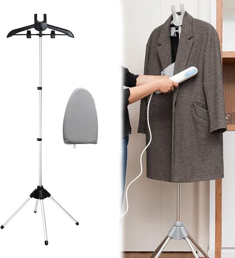 Hanger - Folding ironing hanger - Garment steamer hanger - Folding hanger - Hanger for portable garment steamer with ironing gloves - Telescopic support - Folding garment steamer hanger (black)