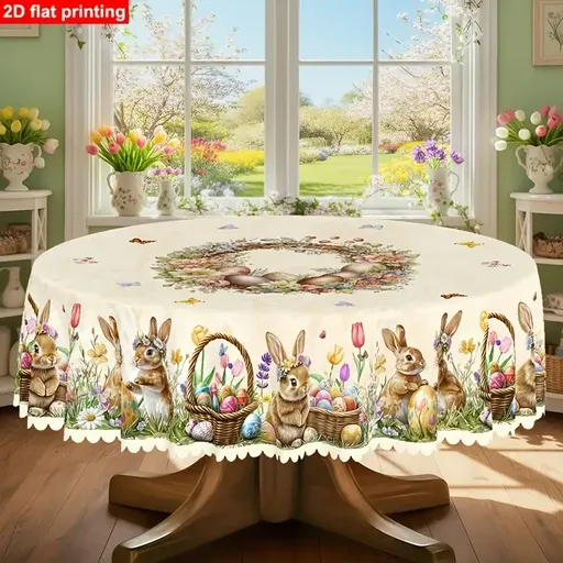 Polyester Easter Tablecloth, Bunny Egg Waterproof Printed Decoration（150*150CM/60*60IN)