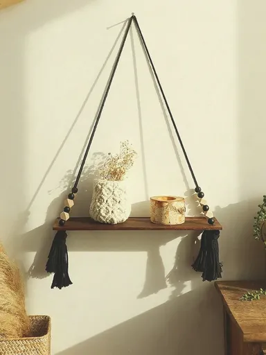 1Pcs Boho Macrame Hanging Shelf with Tassels – Rustic Floating Wooden Wall Shelf for Bedroom, Living Room