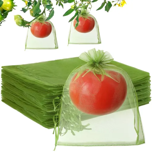 10*12cm 100PCS Fruit Protection Bags Green Netting Drawstring Mesh Cover, Pest Barrier for Tomato, Fruits, Blueberry, Veggies Garden - White - Size 10*12cm