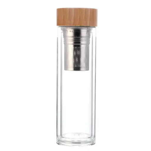 Tea Bottle with Infuser Double Wall High Borosilicate Glass with Strainer Infuser for Loose Tea Infusion Tea Bottle 14 Ounce Wood