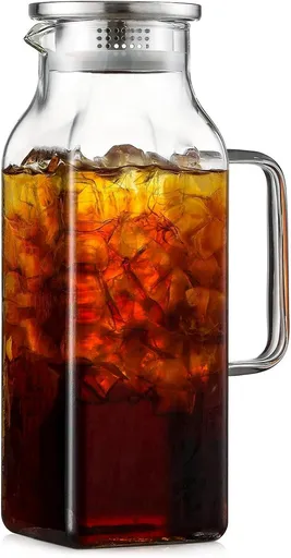 Square glass water jug - with lid and handle - refrigerator safe - suitable for hot and cold drinks - large capacity for home and restaurant use - suitable for coffee, juice, milk and other drinks.